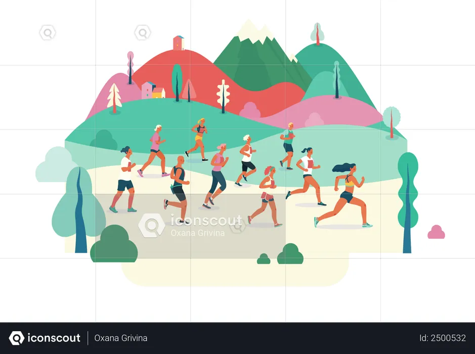 Group of Marathon runners running in field  Illustration