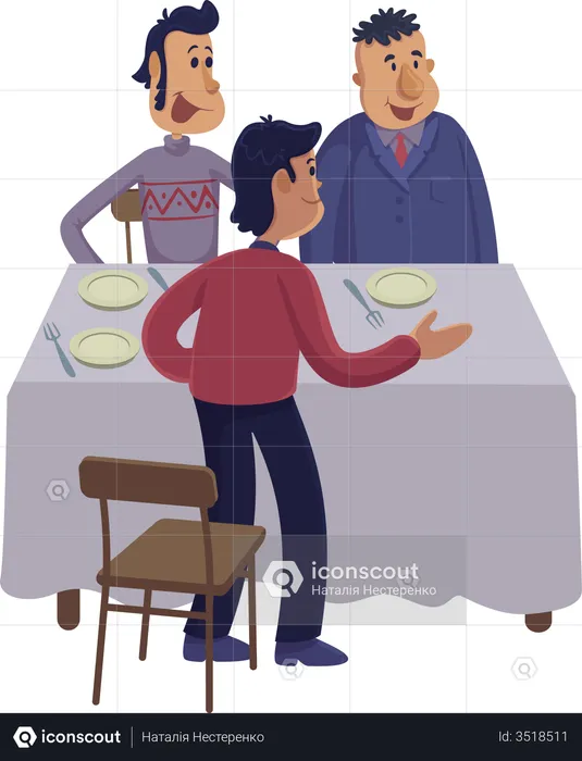 Group of men at dinner table  Illustration