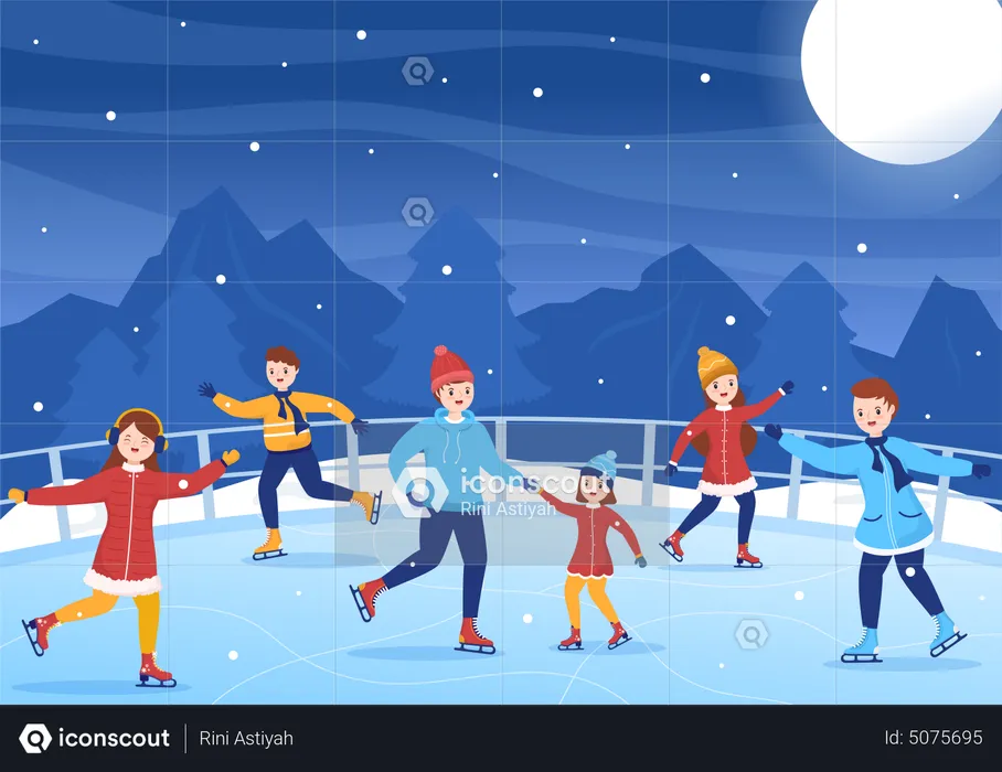 Group of people doing ice skating at frozen lake  Illustration
