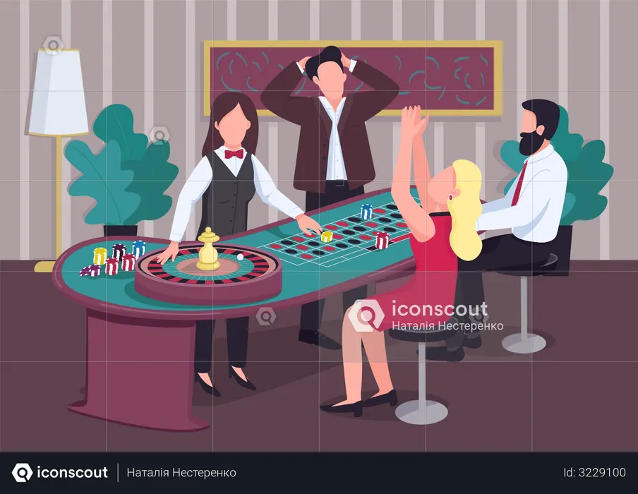 Group of people play at roulette table  Illustration