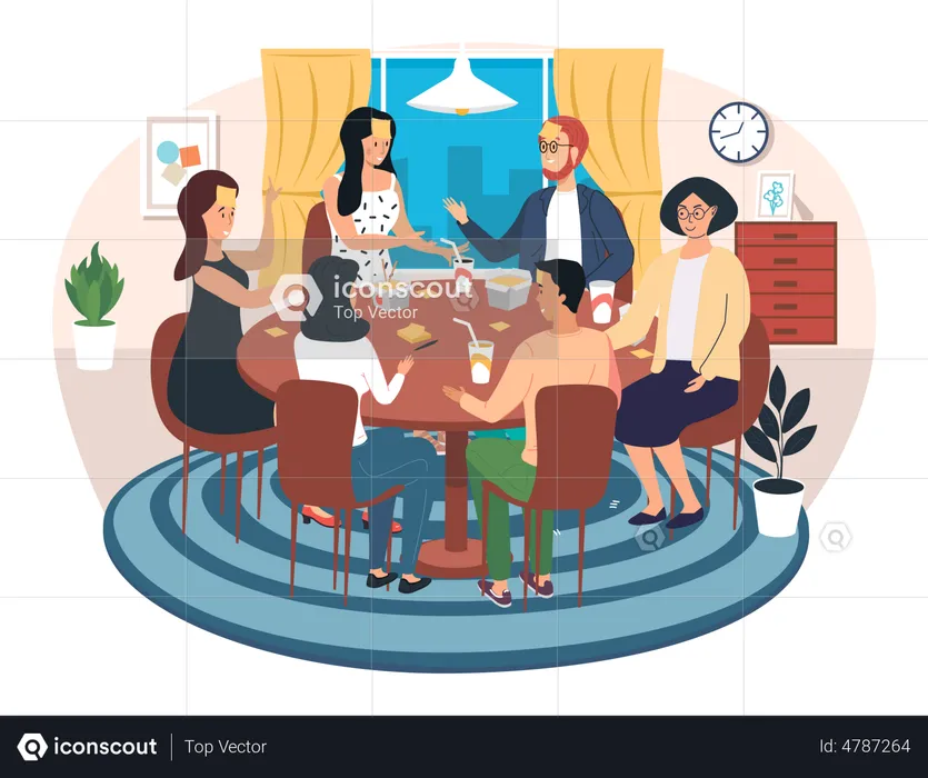 Group of people playing table game and eating  Illustration