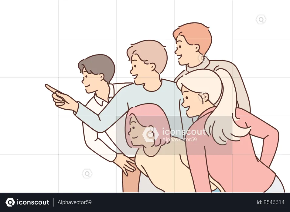 Group of people point finger to side and look at something amazing and eye-catching with smile  Illustration