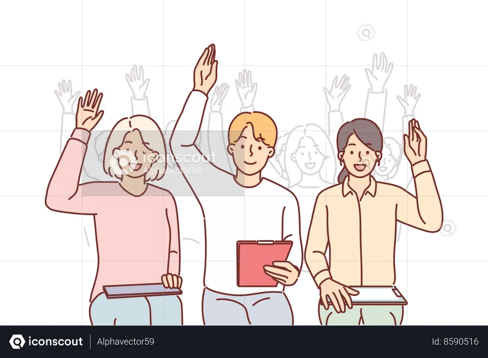 Group of people raise hands sitting in conference room  Illustration