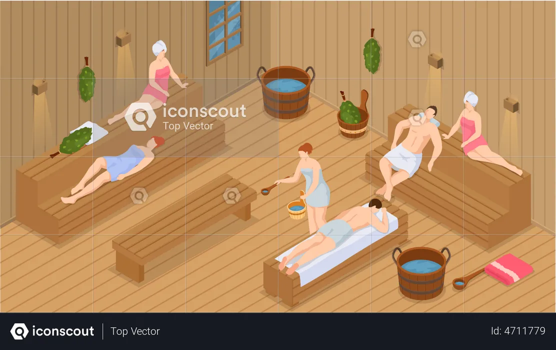 Group of people relaxing in sauna  Illustration
