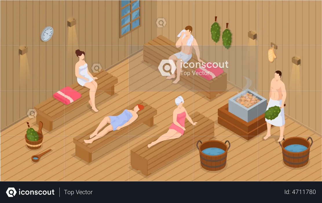 Group of people relaxing in steam room  Illustration