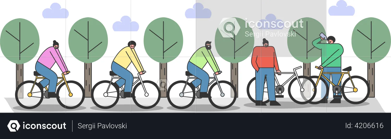Group of people riding bikes at park  Illustration