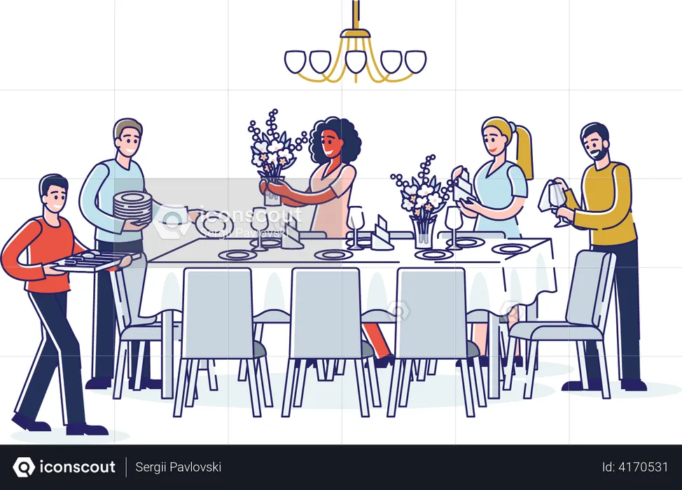 Group of people serving table for dinner  Illustration