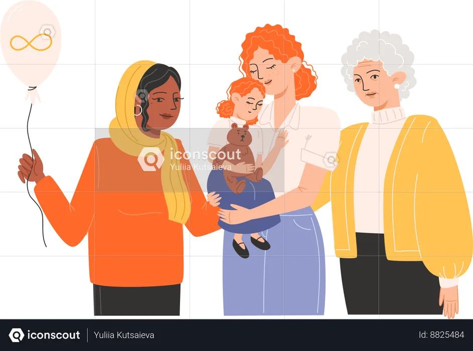 Group of people standing together with symbols of Autism Awareness Day  Illustration