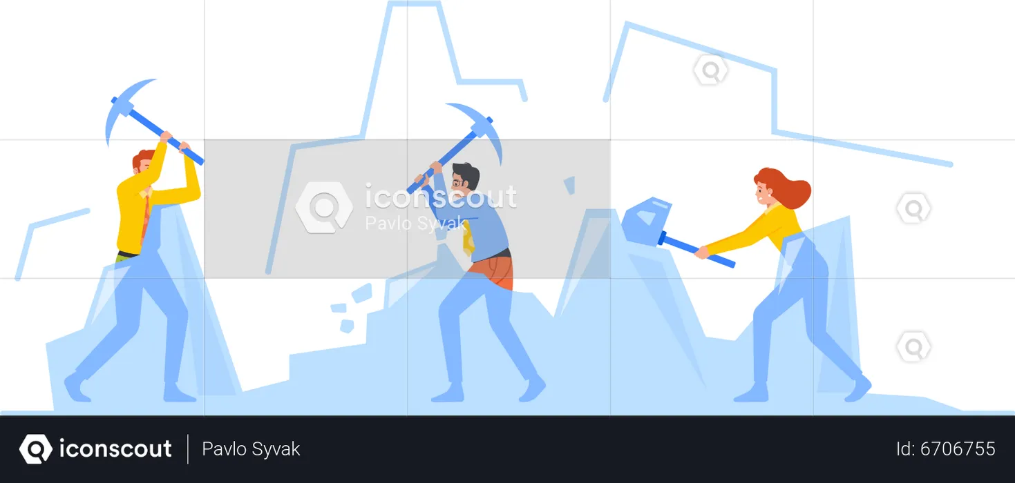 Group Of People Using Sledgehammers Working Hard to Break Large Ice  Illustration