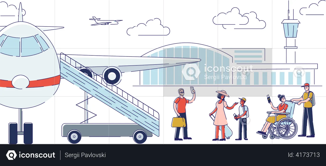 Group of people waiting for boarding to the plane  Illustration