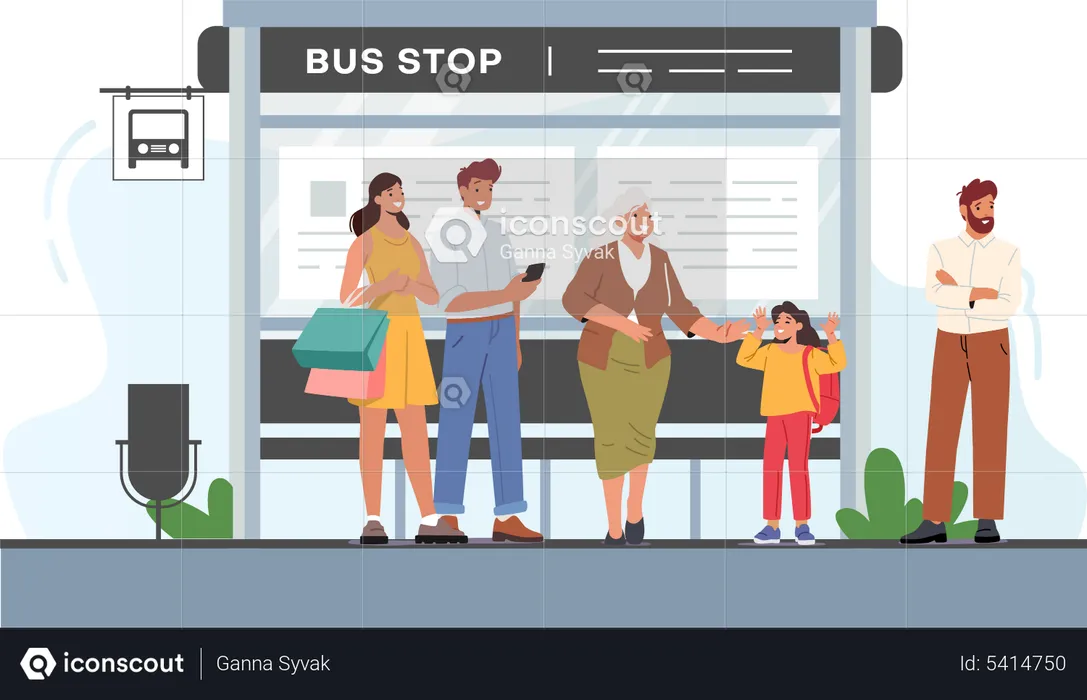 Group of people waiting on bus stop  Illustration