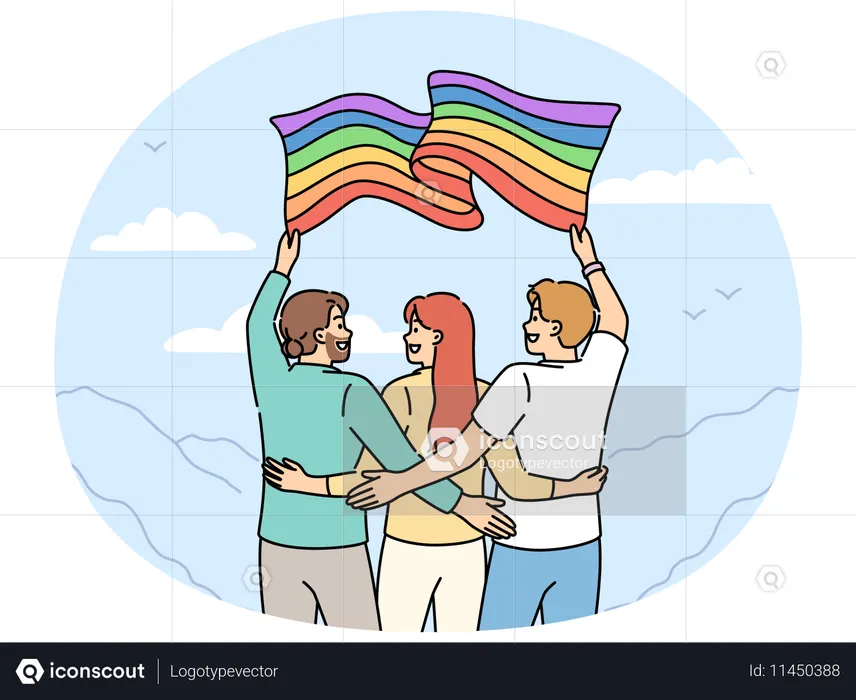 Group of people with LGBT flag travel with pride community and admire beautiful nature  Illustration