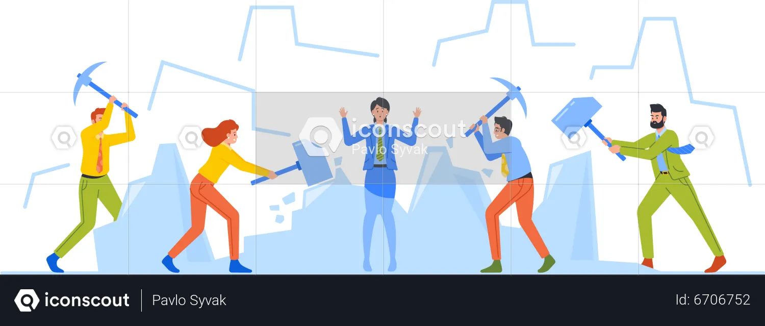 Group Of People With Sledgehammer Break Large Ice Lump With Woman Inside  Illustration