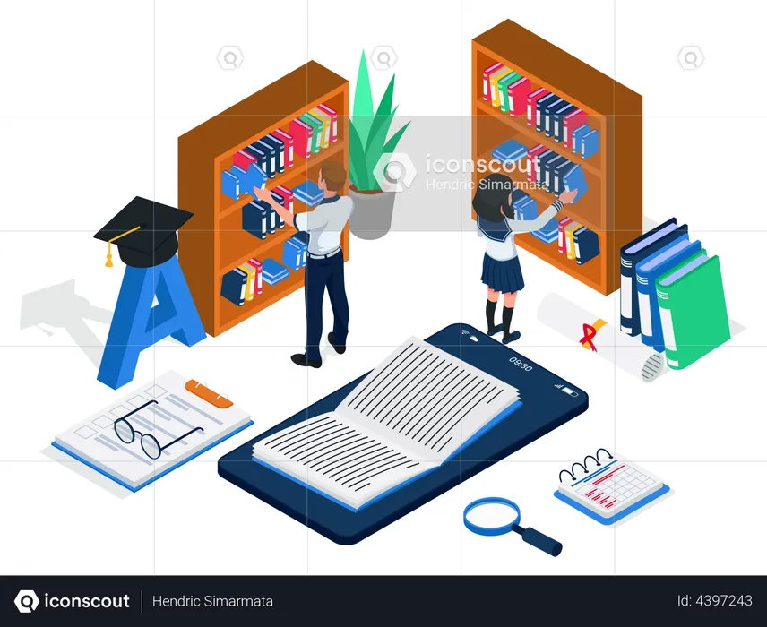 Group of students choosing books online at book shelves  Illustration