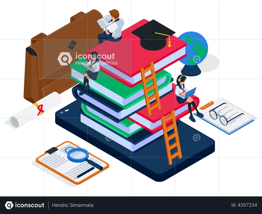 Group of students doing online education learning together and sit on big books composition  Illustration