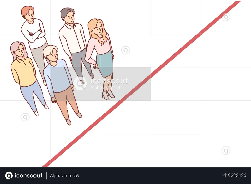 Group of students feel stressed standing near red line symbolizing prohibitions for campus residents  Illustration