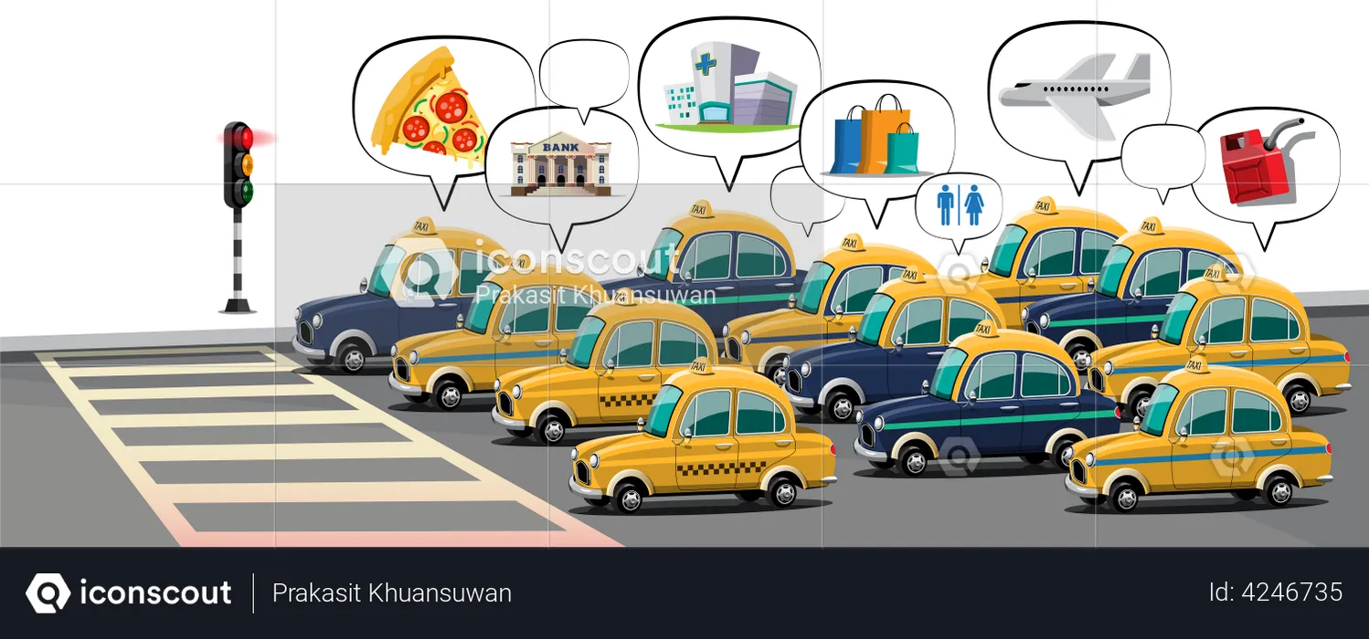 Group of taxis stopped at red light at intersection  Illustration