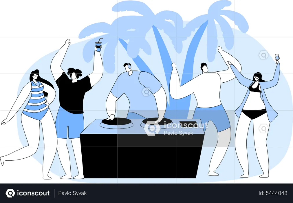 Group of tourist enjoying beach DJ party  Illustration
