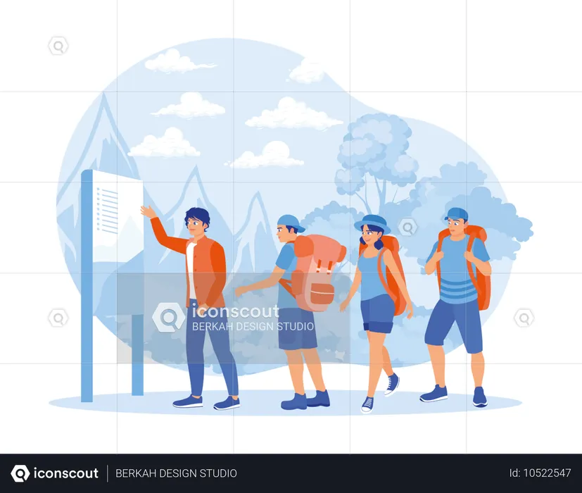 Group of tourists gather around tour guide  Illustration