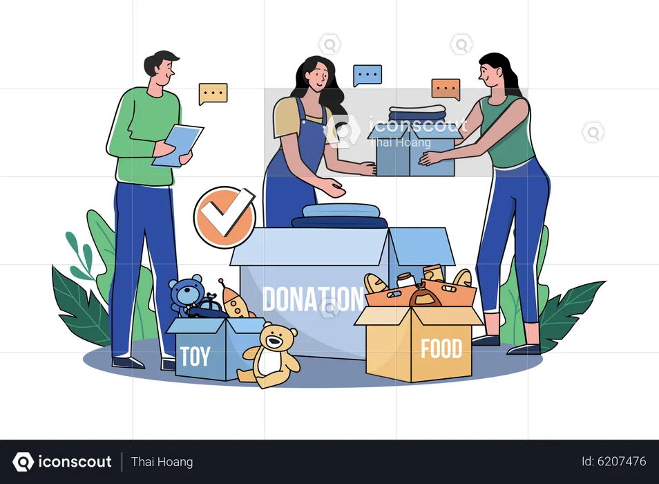 Group of volunteers sorting charity items  Illustration