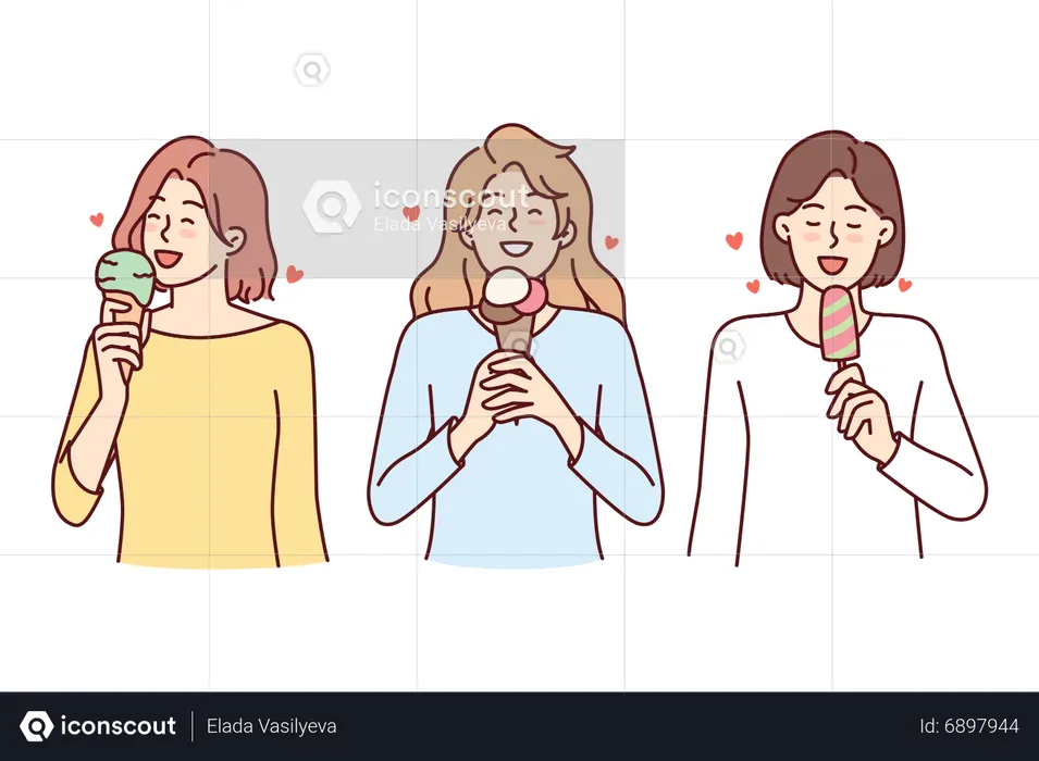 Group of young girls eating ice cream cone  Illustration