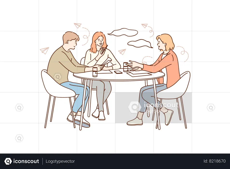 Group of young positive business workers sitting at desk  Illustration