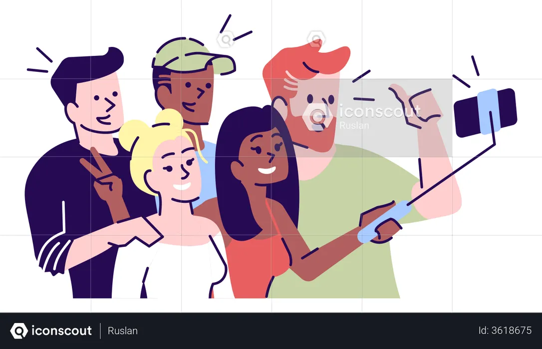 Group selfie with selfie stick  Illustration