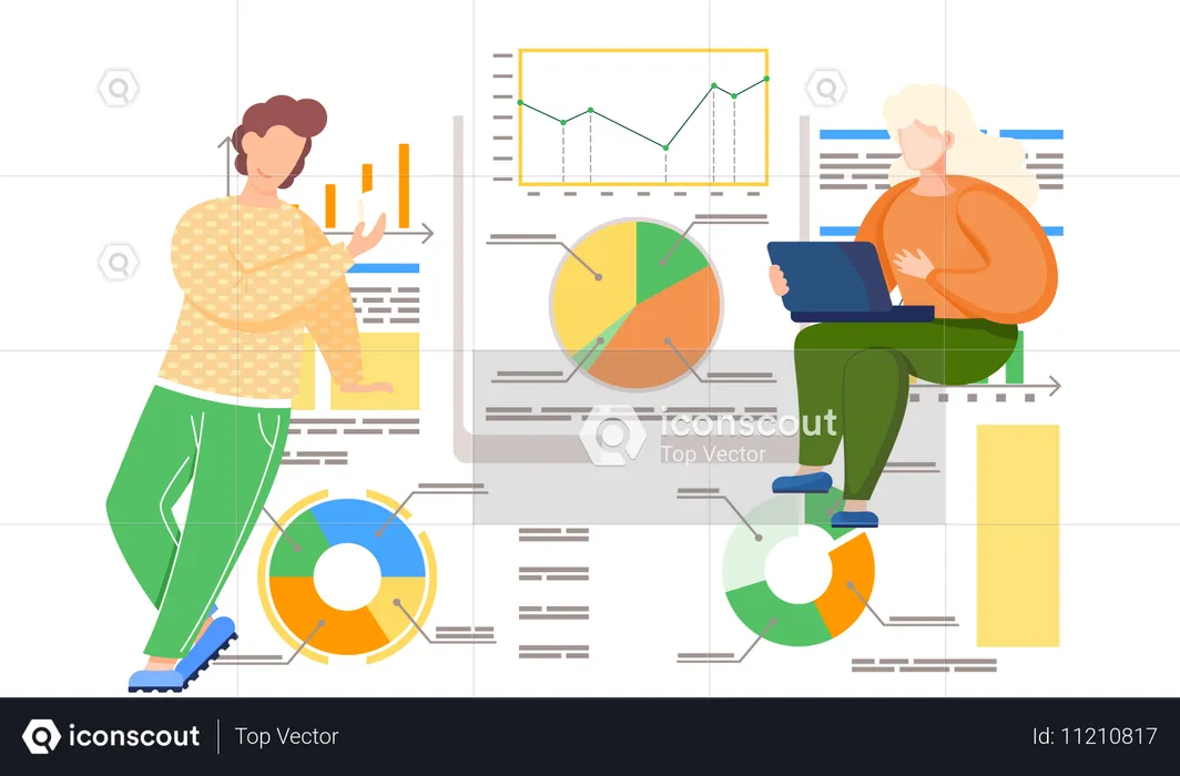 Groupe d'employés travaillant sur un diagramme circulaire  Illustration