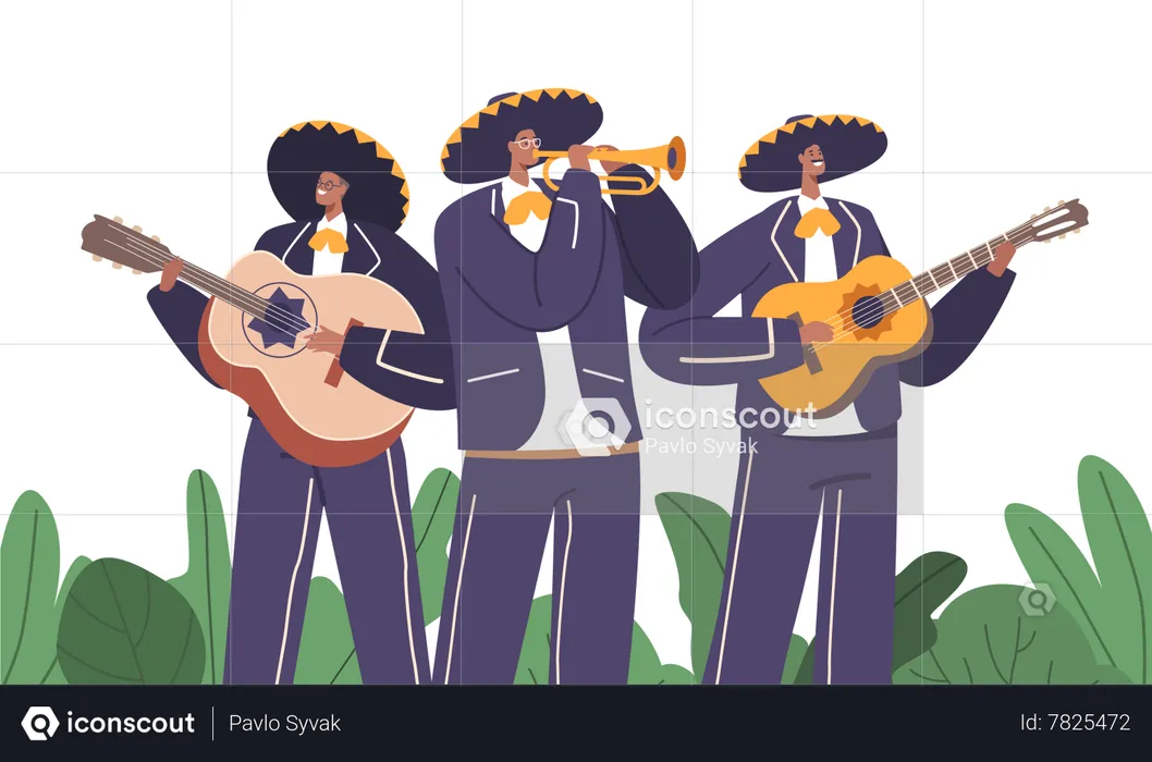 Un groupe de mariachis interprète de la musique traditionnelle mexicaine  Illustration