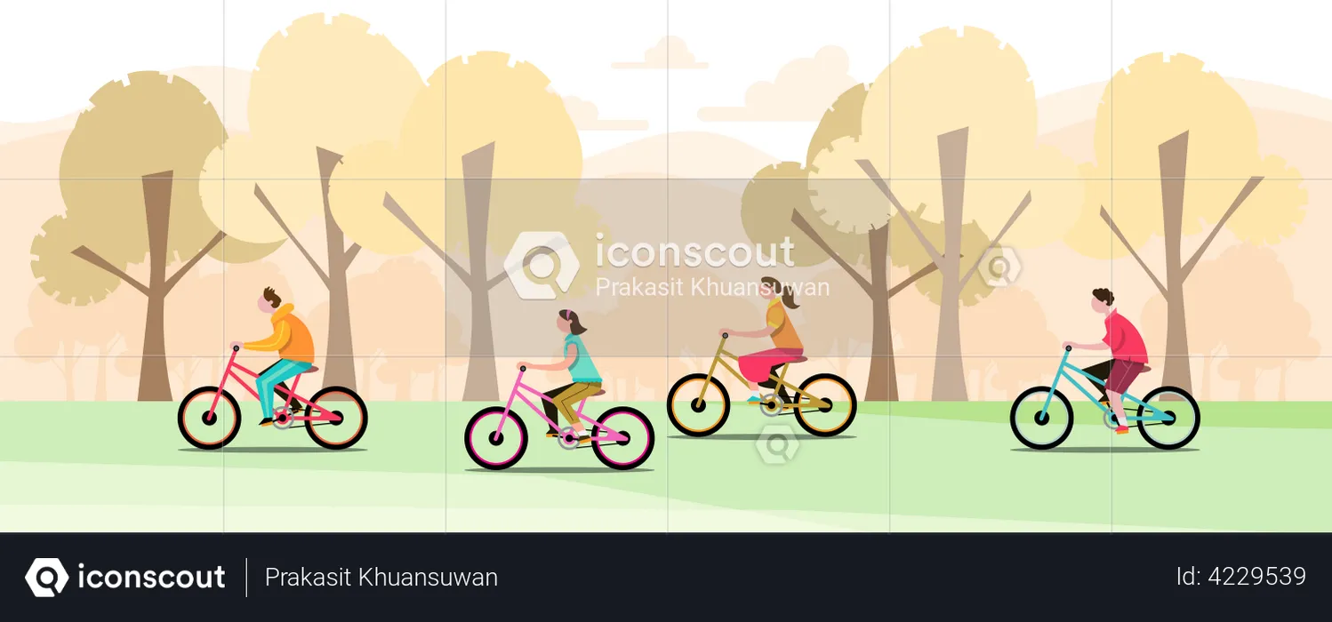 Groups of children ride bicycles in a park  Illustration