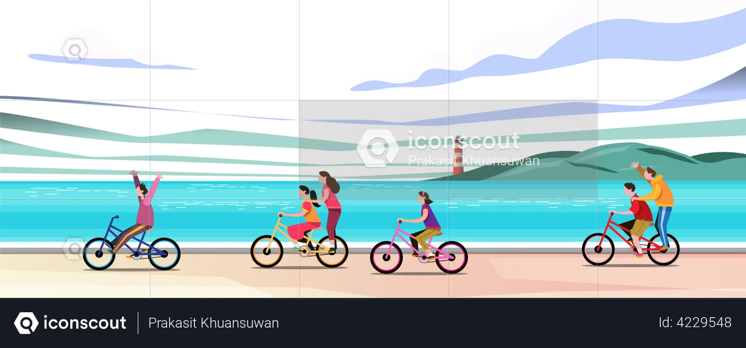 Groups of children ride bicycles on the beach  Illustration