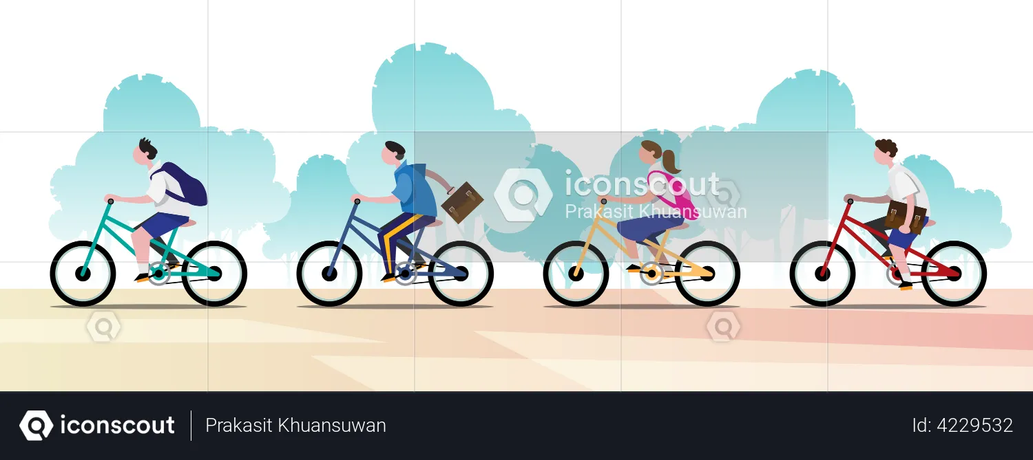 Groups of students ride bicycles to go to school  Illustration