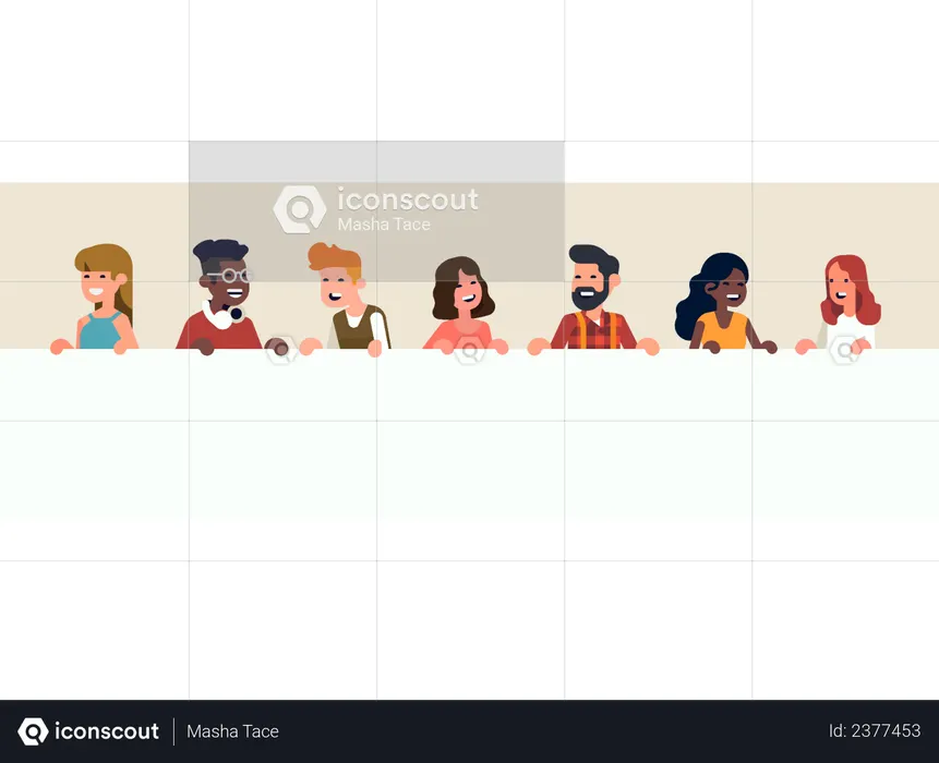 Alegre grupo diverso de personas abstractas se alinean sosteniendo una pancarta horizontal blanca vacía  Ilustración