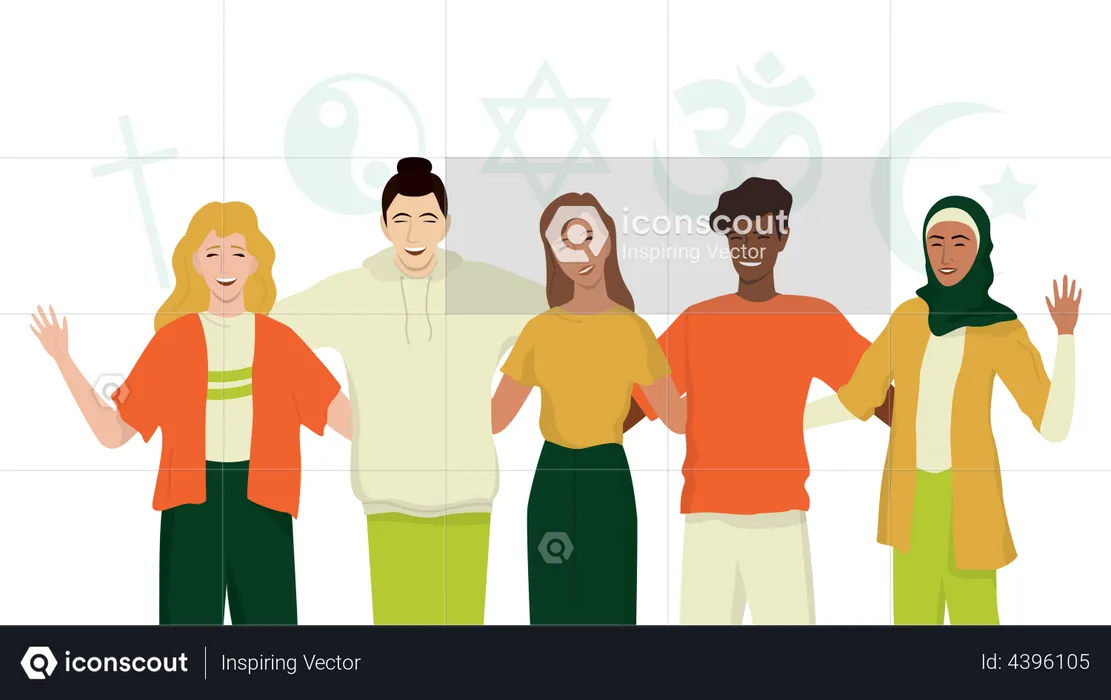 Grupo de amigos felices de diferente religión.  Ilustración