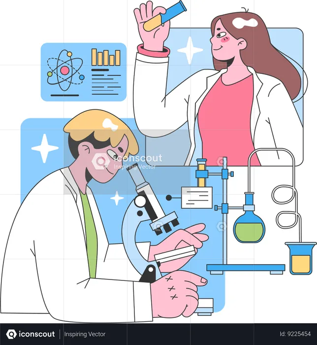 Grupo de científicos trabajando en un experimento.  Ilustración