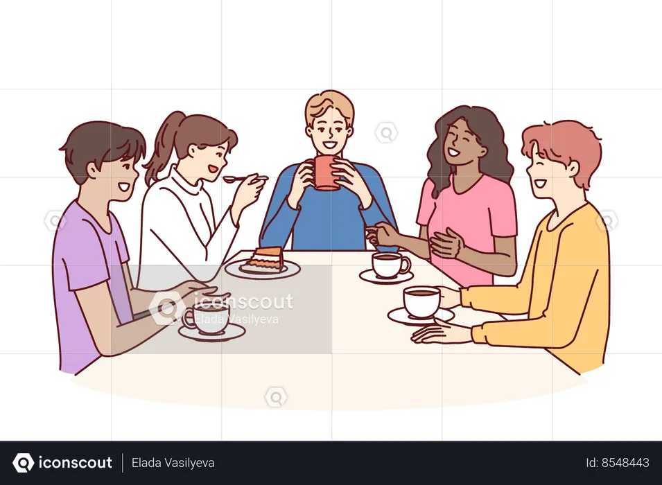 Grupo de colegas multiétnicos bebe café sentado à mesa durante o intervalo e ri  Ilustração