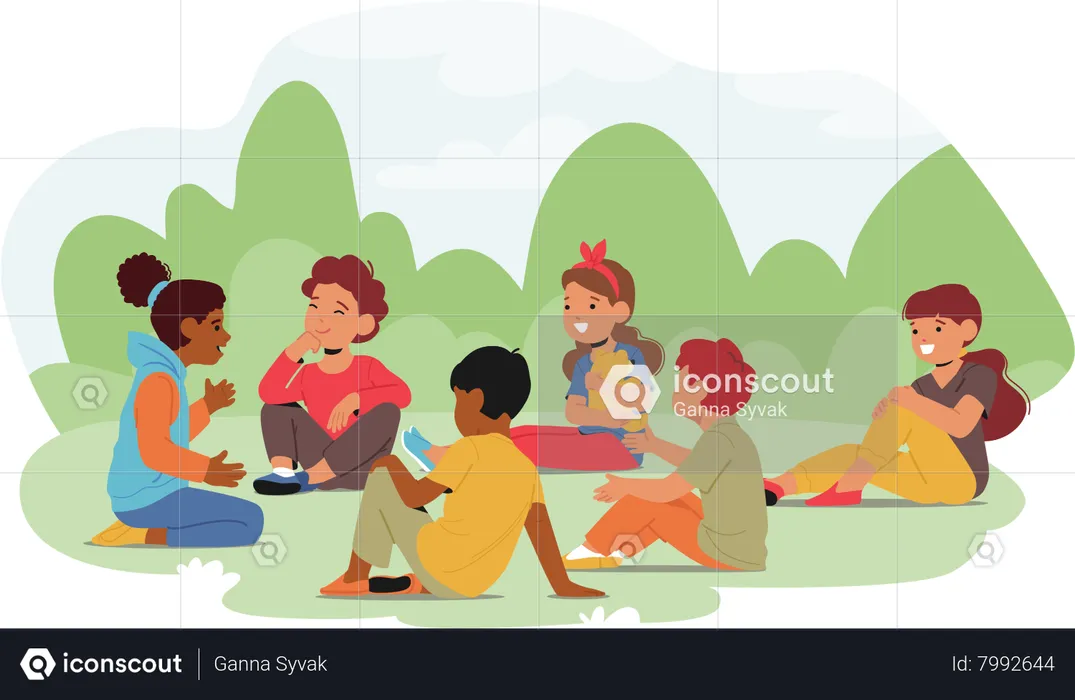Grupo de crianças sentadas no campo  Ilustração