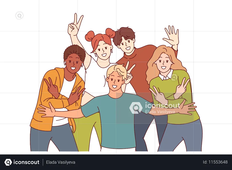 Grupo de estudantes multirraciais posa para foto em grupo mostrando emoções positivas  Ilustração
