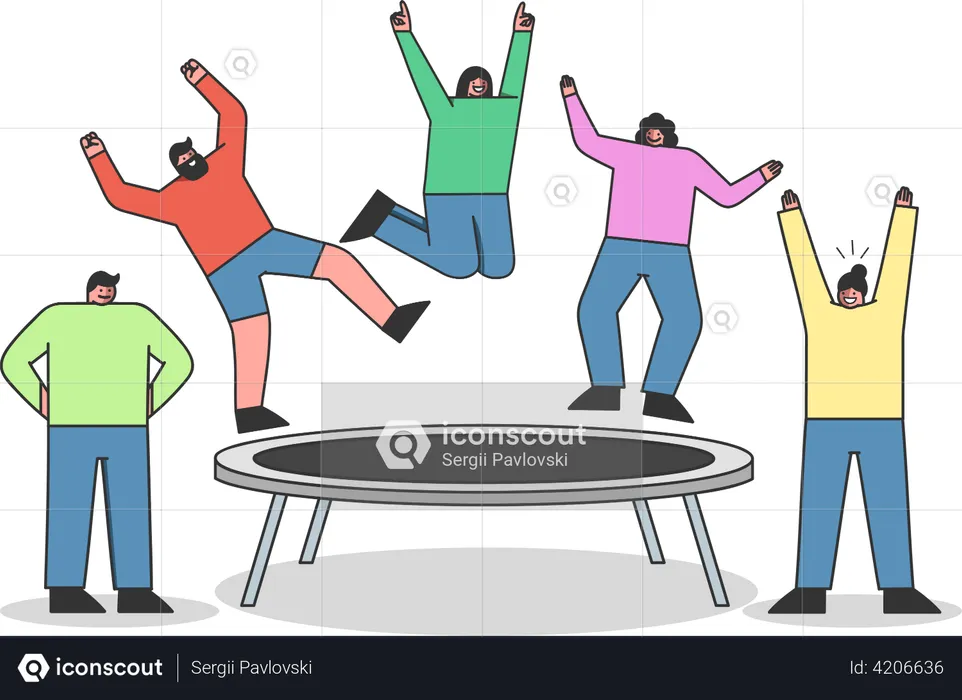 Grupo de personas saltando en trampolín  Ilustración