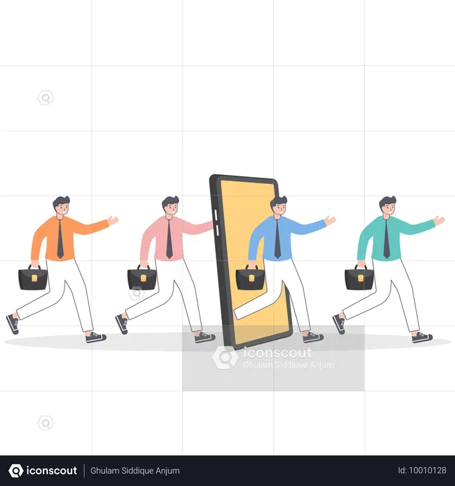 Grupo de personas tomadas de la mano y saliendo de un teléfono inteligente gigante  Ilustración