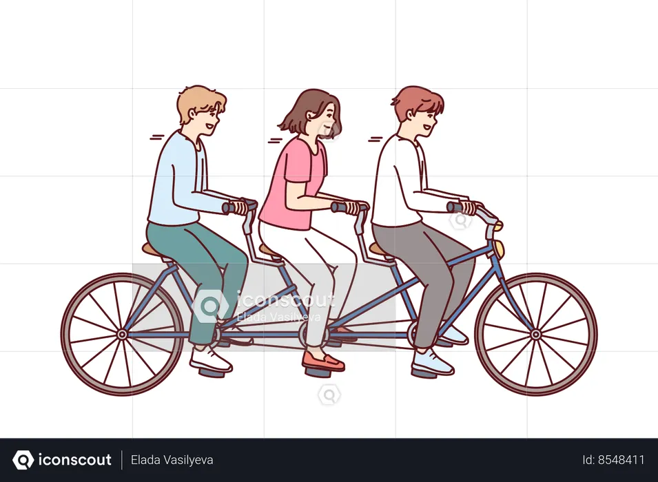 Grupo de pessoas andando de bicicleta juntas e desfrutando de relaxamento compartilhado e trabalho em equipe  Ilustração