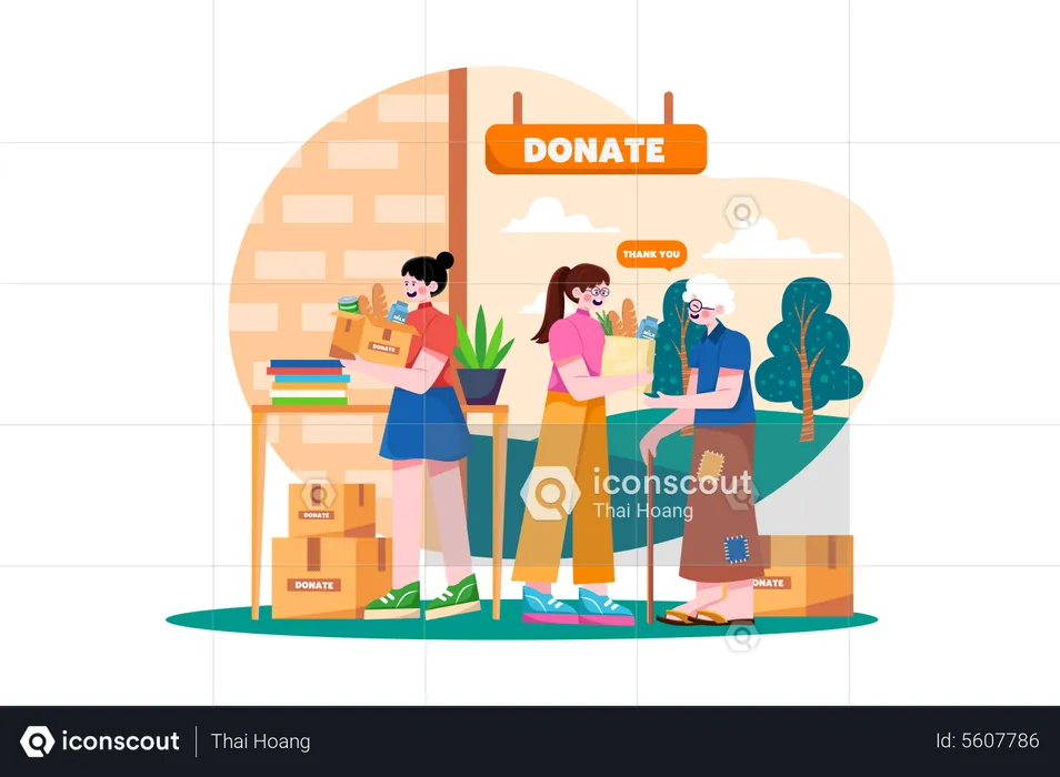 Grupo de voluntários dando presentes de caridade aos pobres  Ilustração