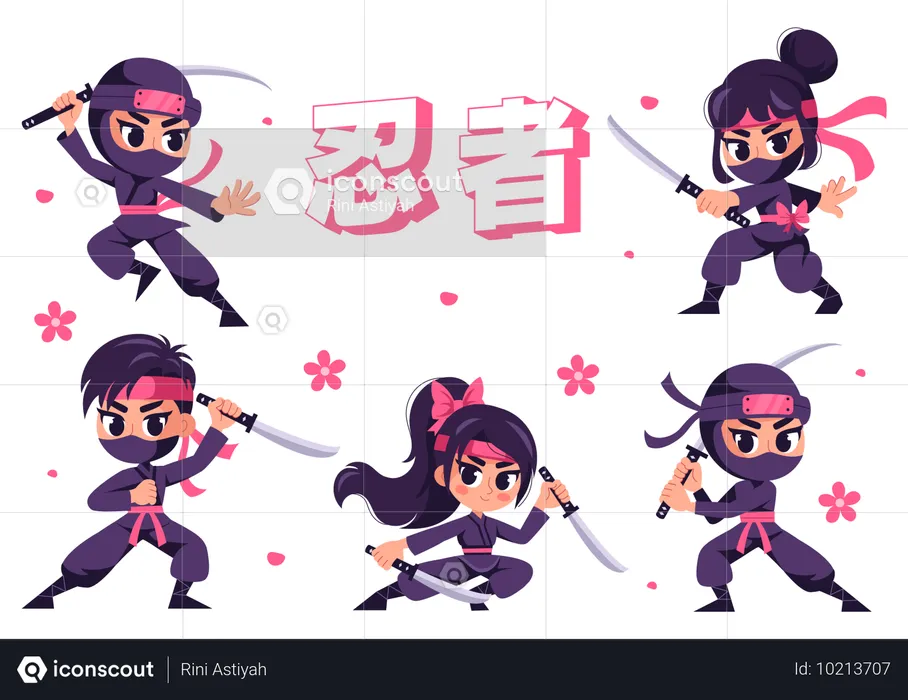 Grupo ninja com katana  Ilustração