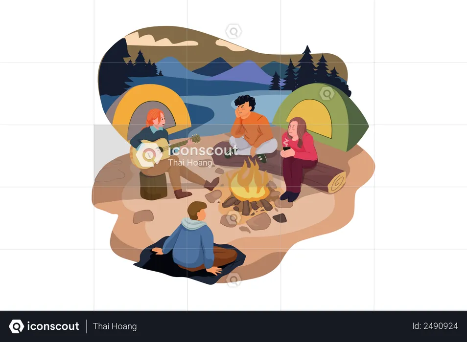 Gruppe von Menschen genießt Camping  Illustration