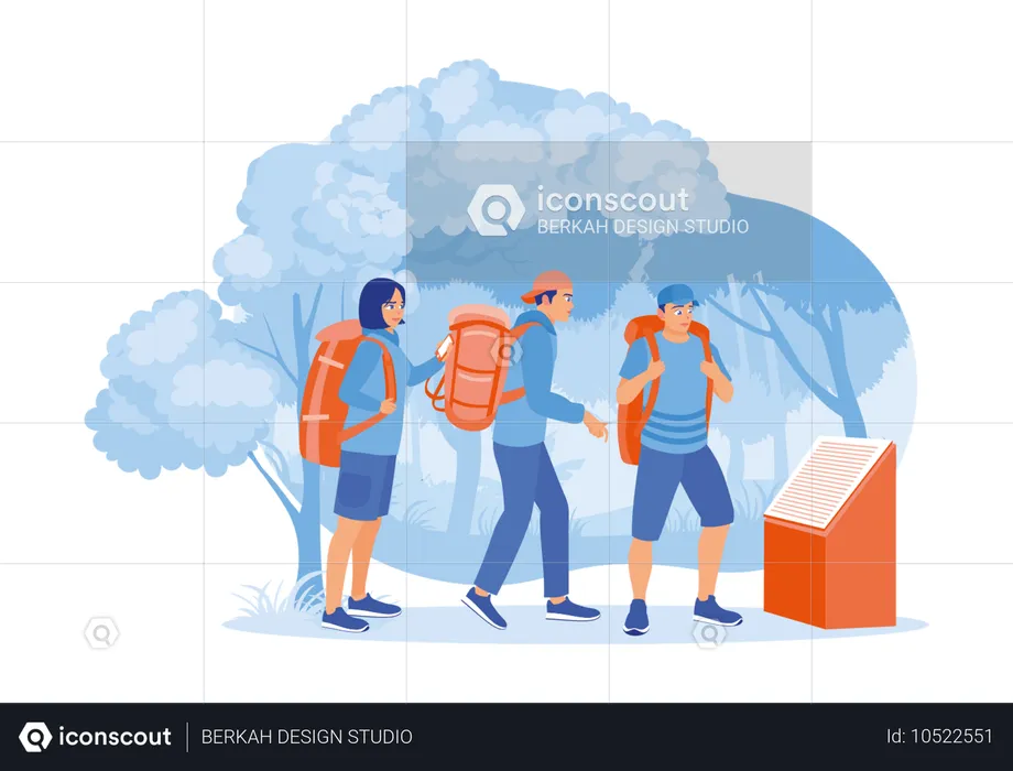 Gruppe von Menschen mit Rucksäcken auf dem Rücken wandern im Wald  Illustration