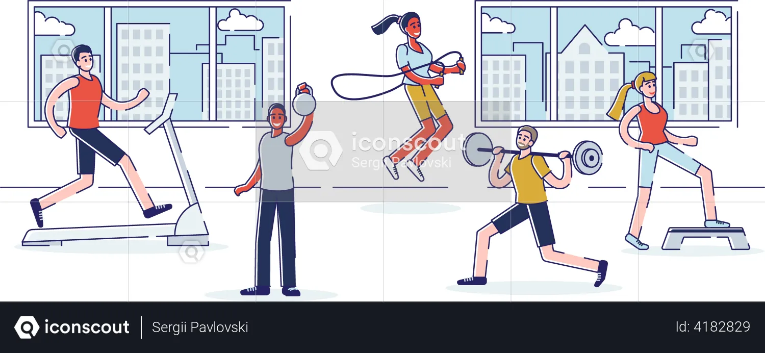 Eine Gruppe von Menschen trainiert im Fitnessstudio  Illustration