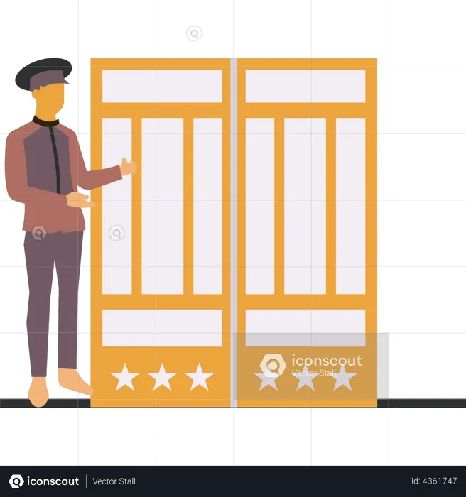Guard standing at hotel gate  Illustration