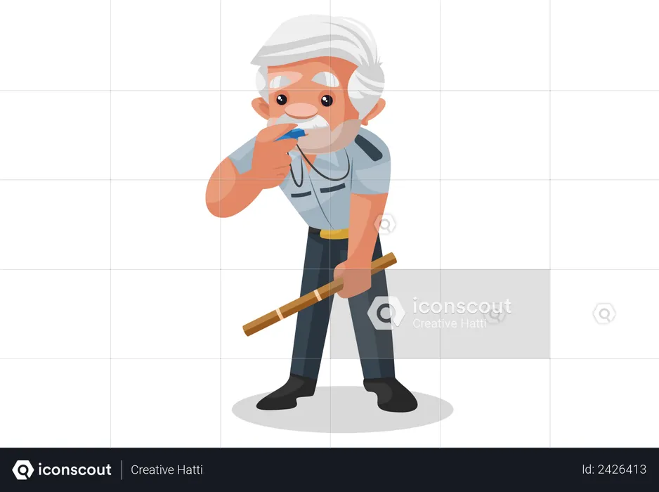 Guardia de seguridad haciendo sonar su silbato  Ilustración