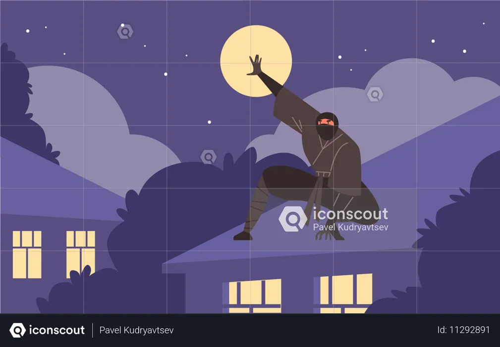 El guerrero ninja se sentó en una pose en el techo de una casa por la noche a la luz de la luna.  Ilustración