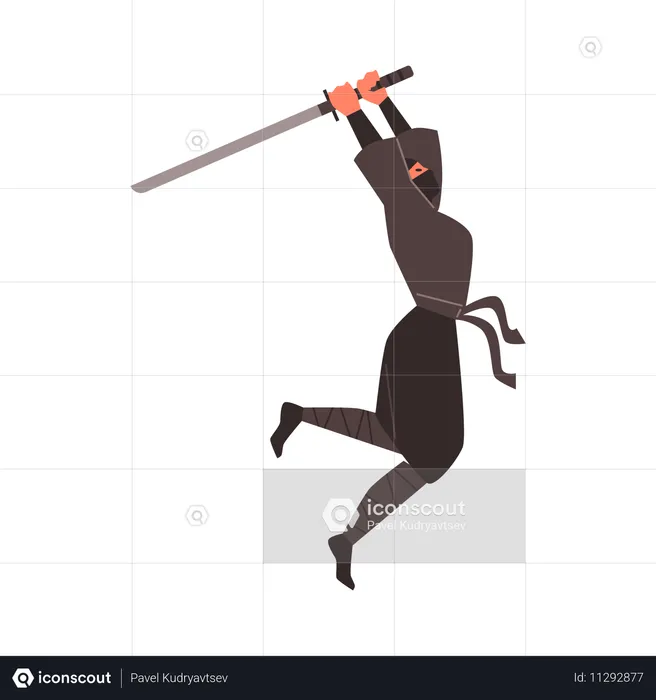 Guerrier ninja avec une épée en attaque sautée  Illustration